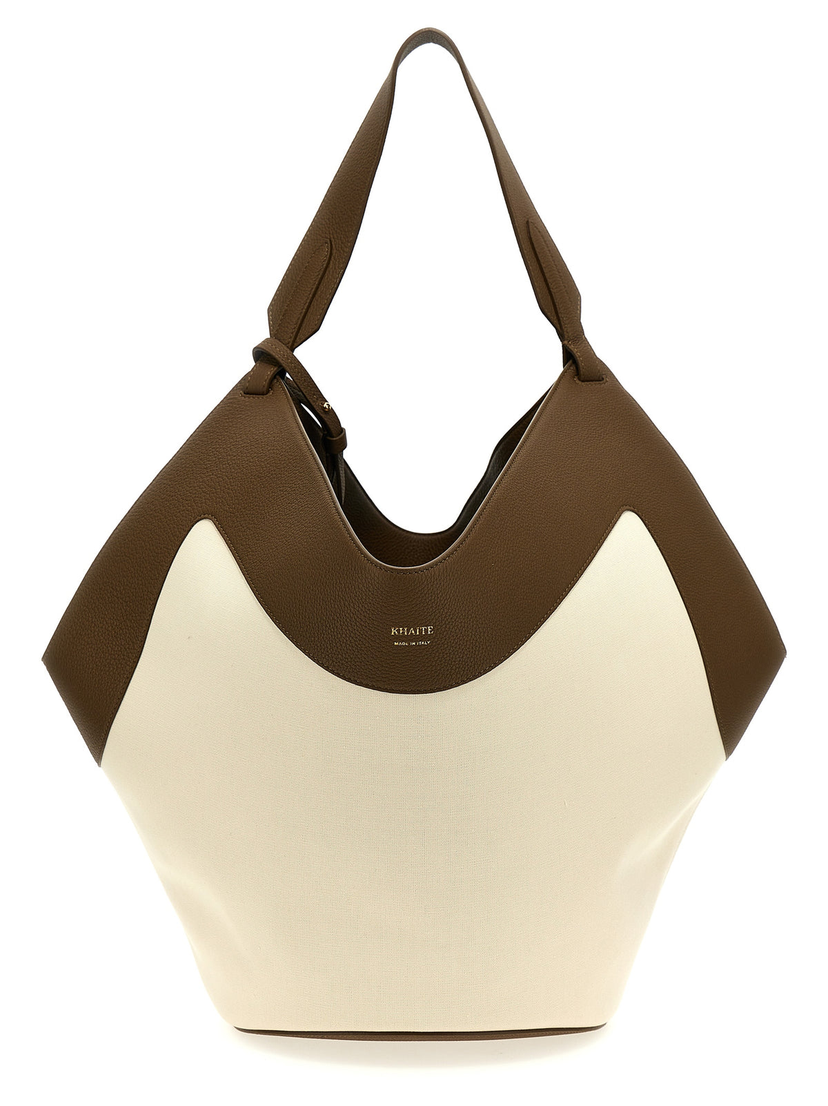 Khaite Medium Lotus Tote in cream canvas and dark olive calfskin with removable pouch.