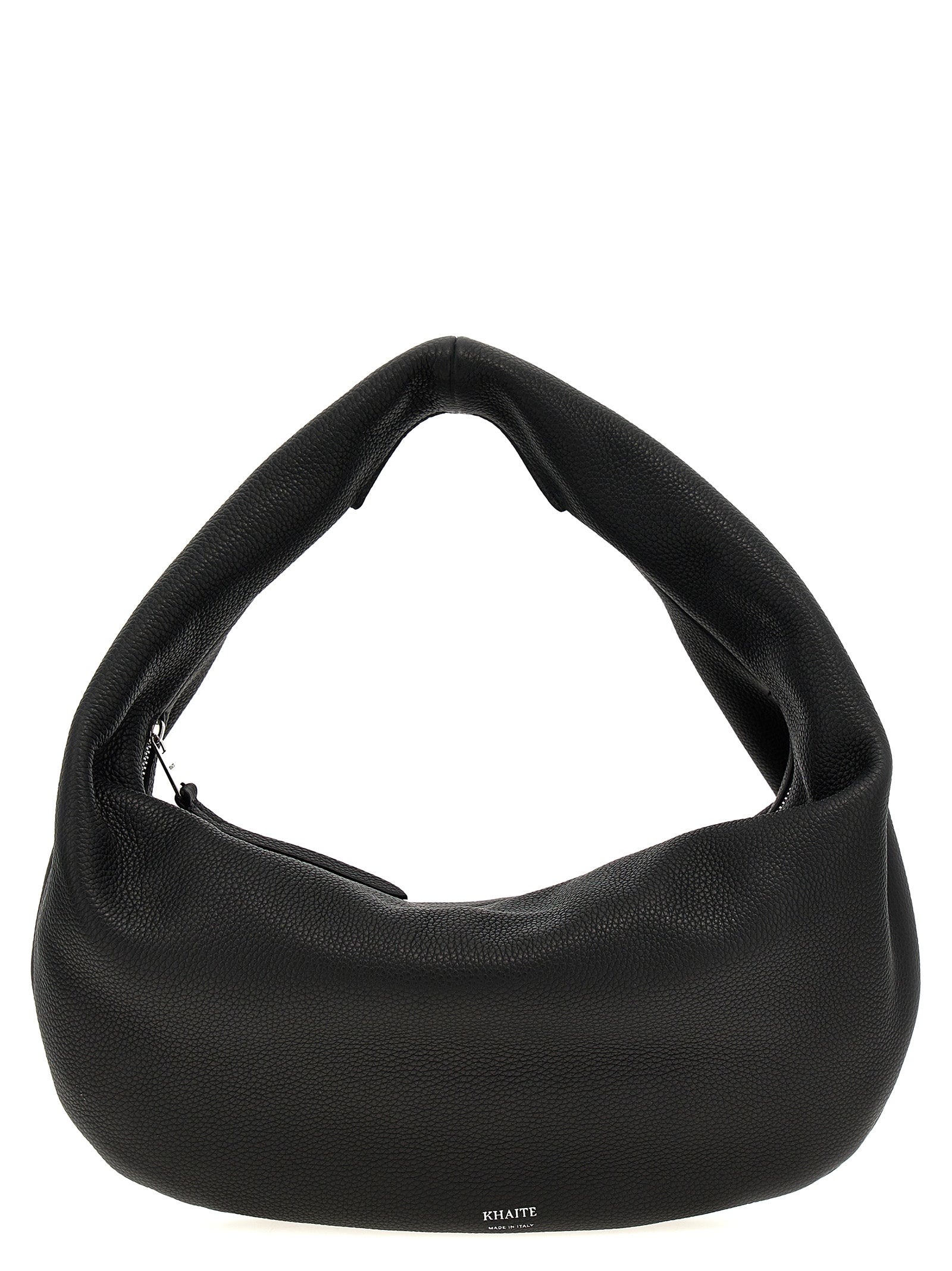haite Olivia Medium Hobo Bag in slouchy black grained calfskin leather with a curved silhouette, featuring an integrated top handle and gold-tone zipper closure.