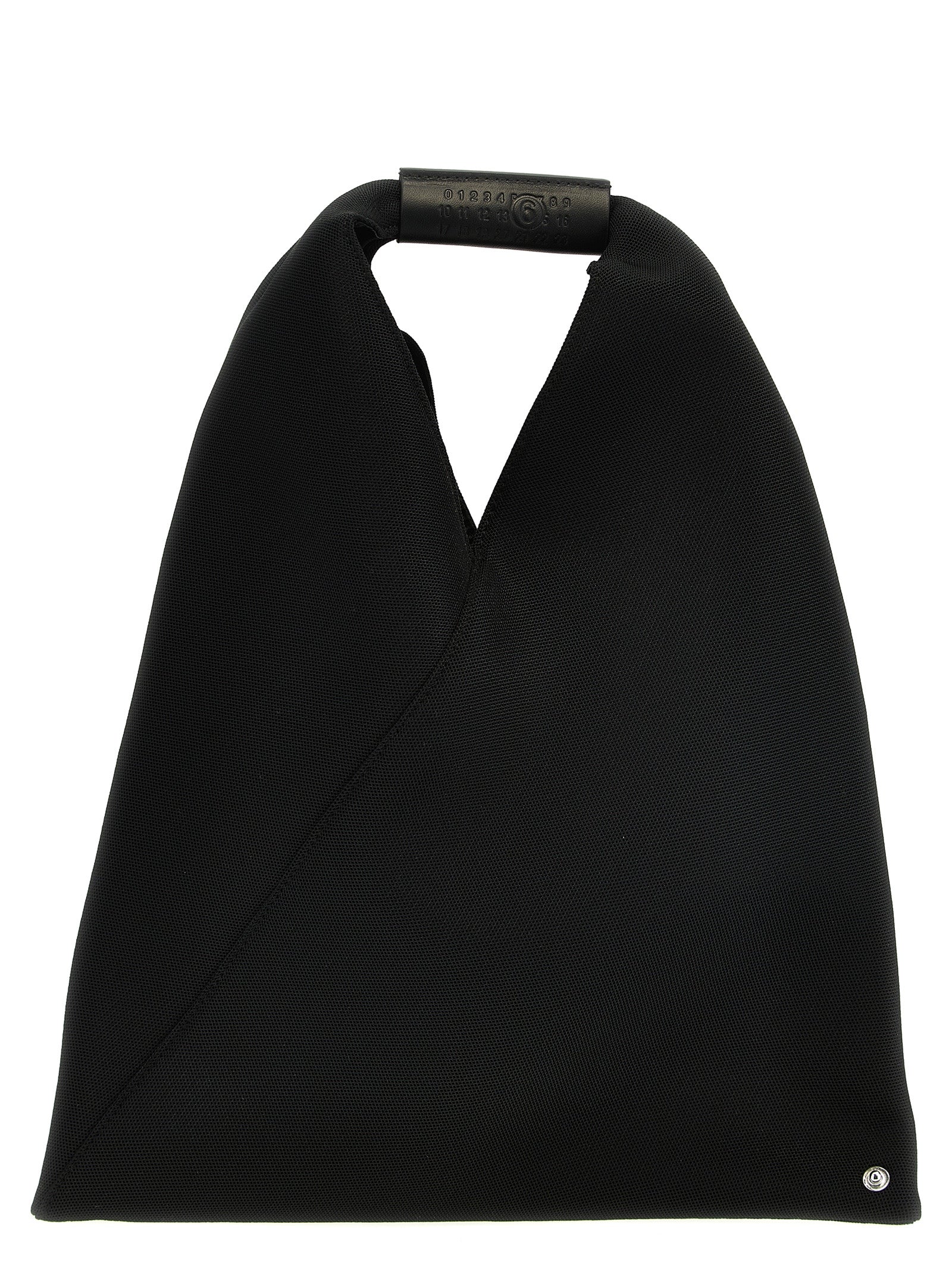 MM6 Japanese Bag Small in black mesh featuring a numeric embossed leather top handle and structural origami design from The Exclusive Line Singapore