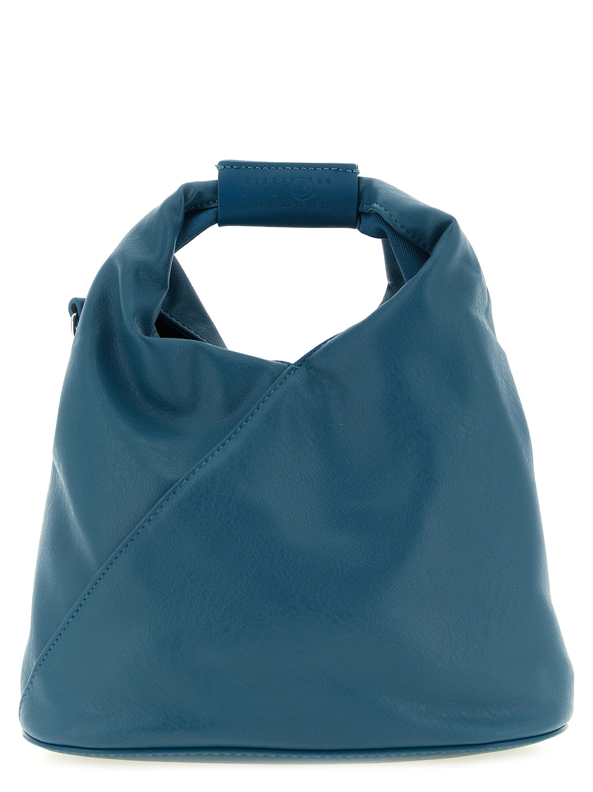 MM6 Japanese Crossbody Bag in petrol blue featuring numeric embossed top handle and white signature stitch.