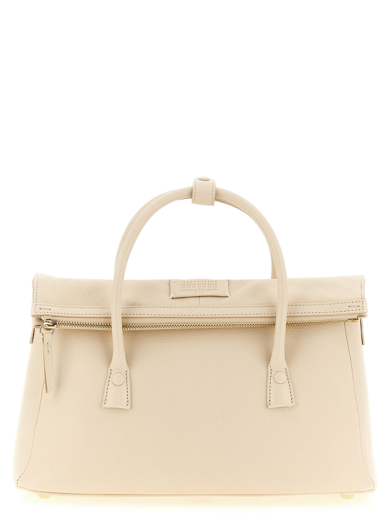 Maison Margiela 5AC East West Handbag Medium in sand beige goat leather featuring structured top handles, numeric logo label, and shoulder strap.