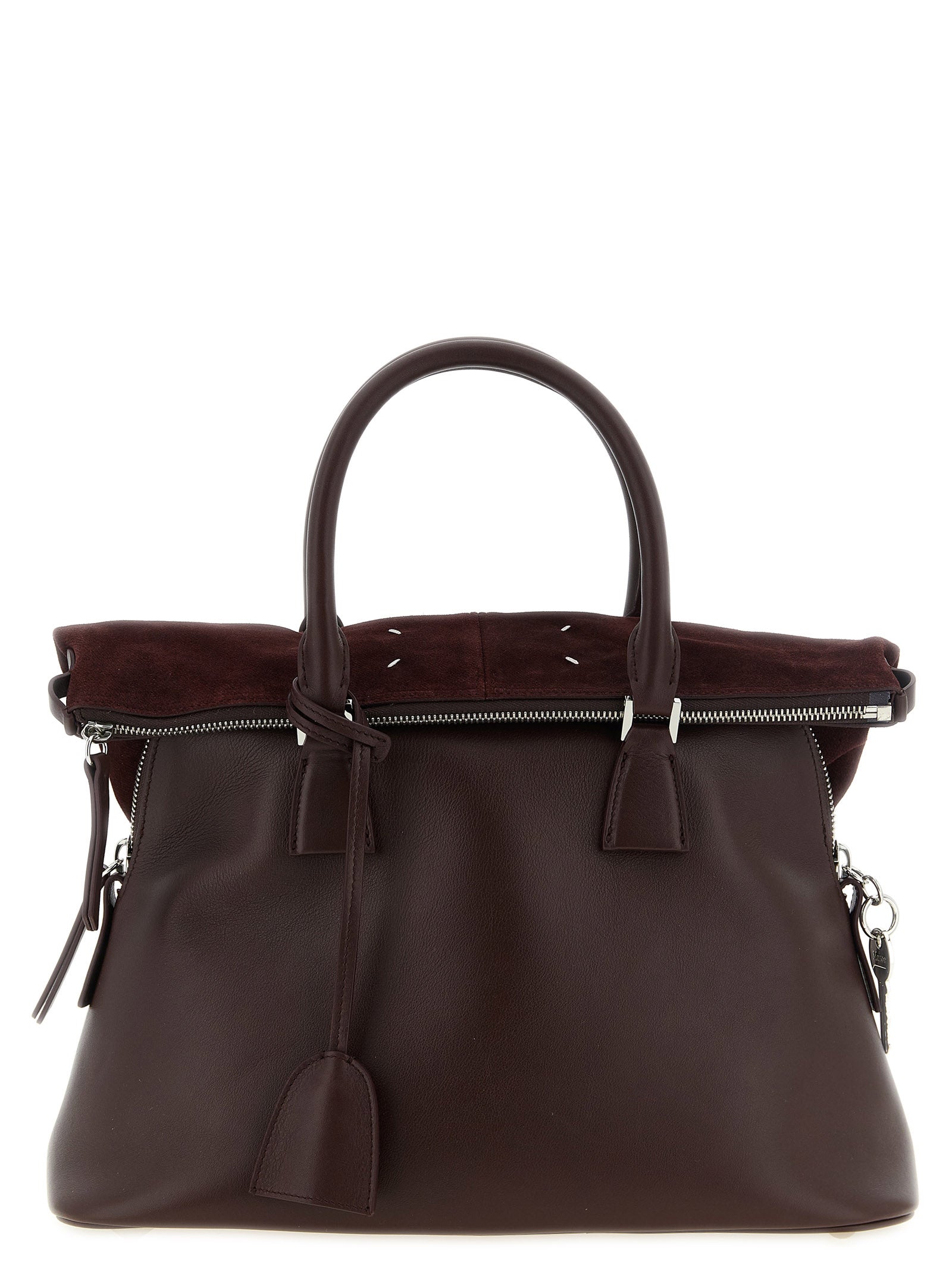 Maison Margiela 5AC Soft Medium Bag in bordeaux calf leather and suede featuring rolled top handles, key charm, and signature four white stitches.
