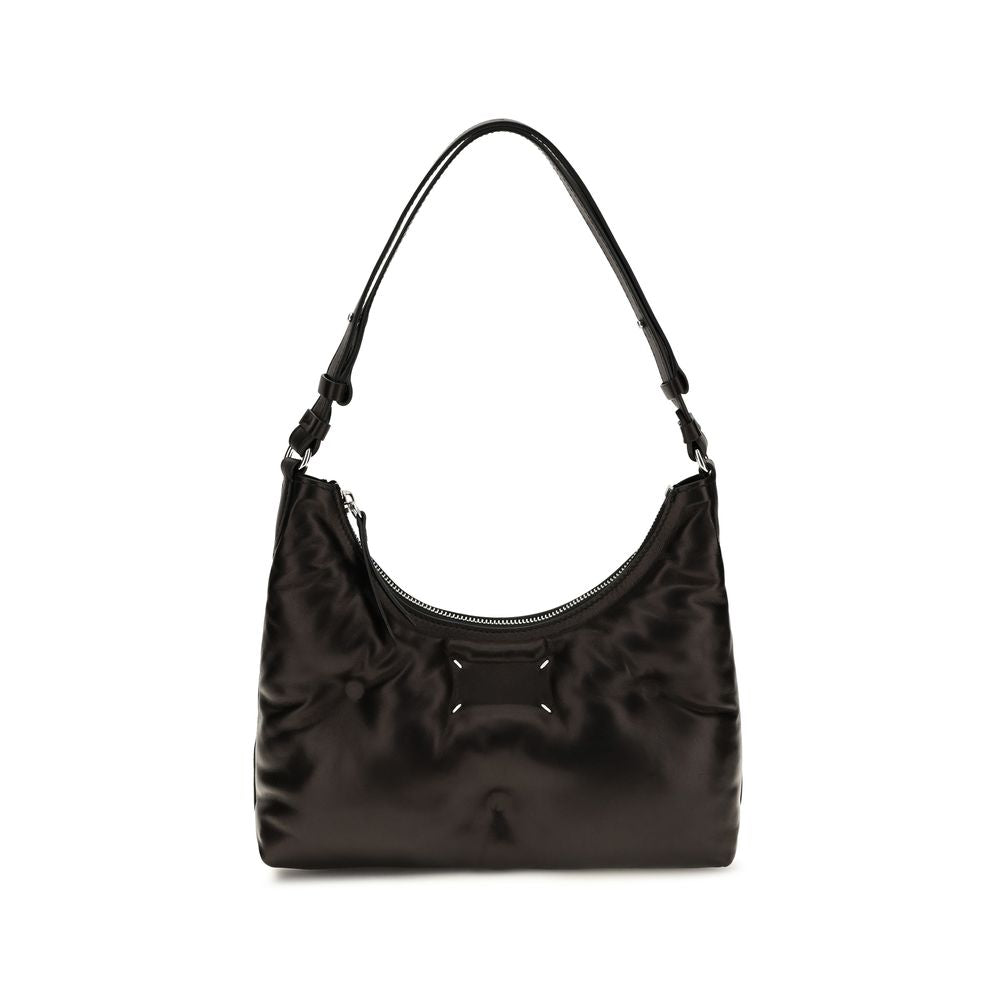 Maison Margiela Glam Slam Hobo Small bag in black quilted nappa leather featuring iconic four white stitches and shoulder strap.