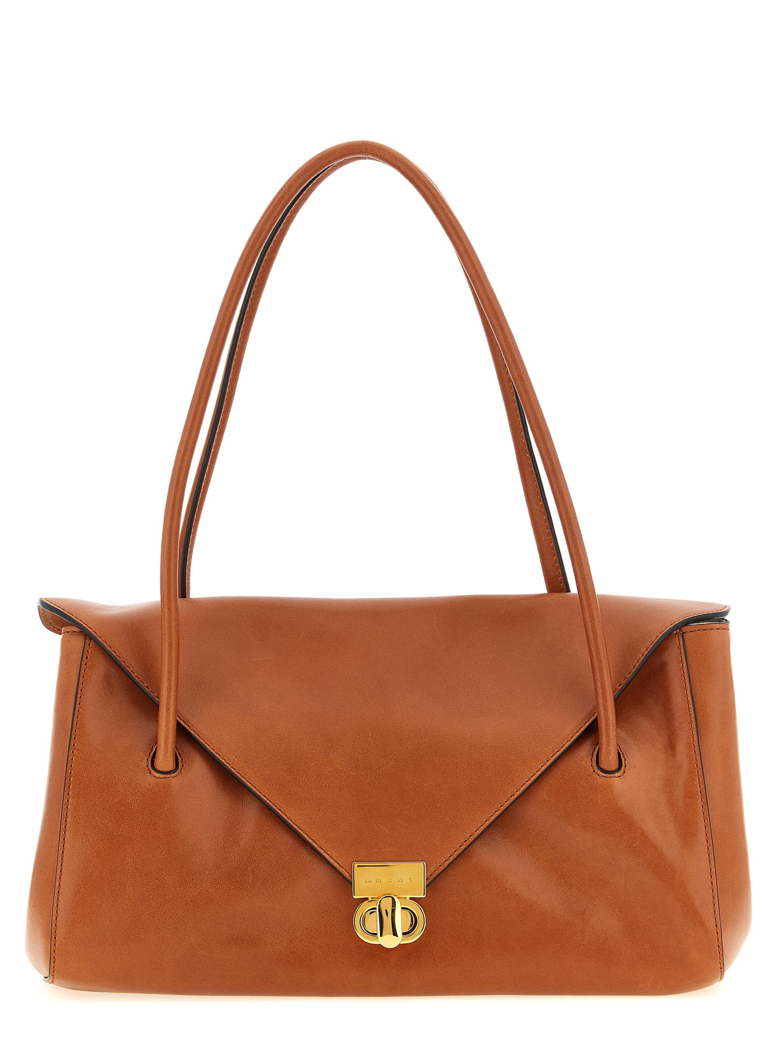 Marni East West shoulder bag in Bark brown calfskin leather with envelope flap, brass turn-lock clasp, and tubular handles.