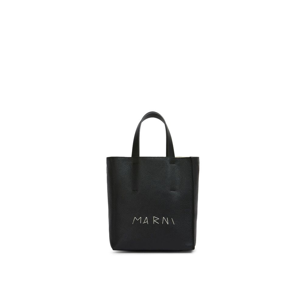 Marni Museo Soft Mini Bag in Black Leather with the iconic hand-stitched Marni Mending logo on the front.