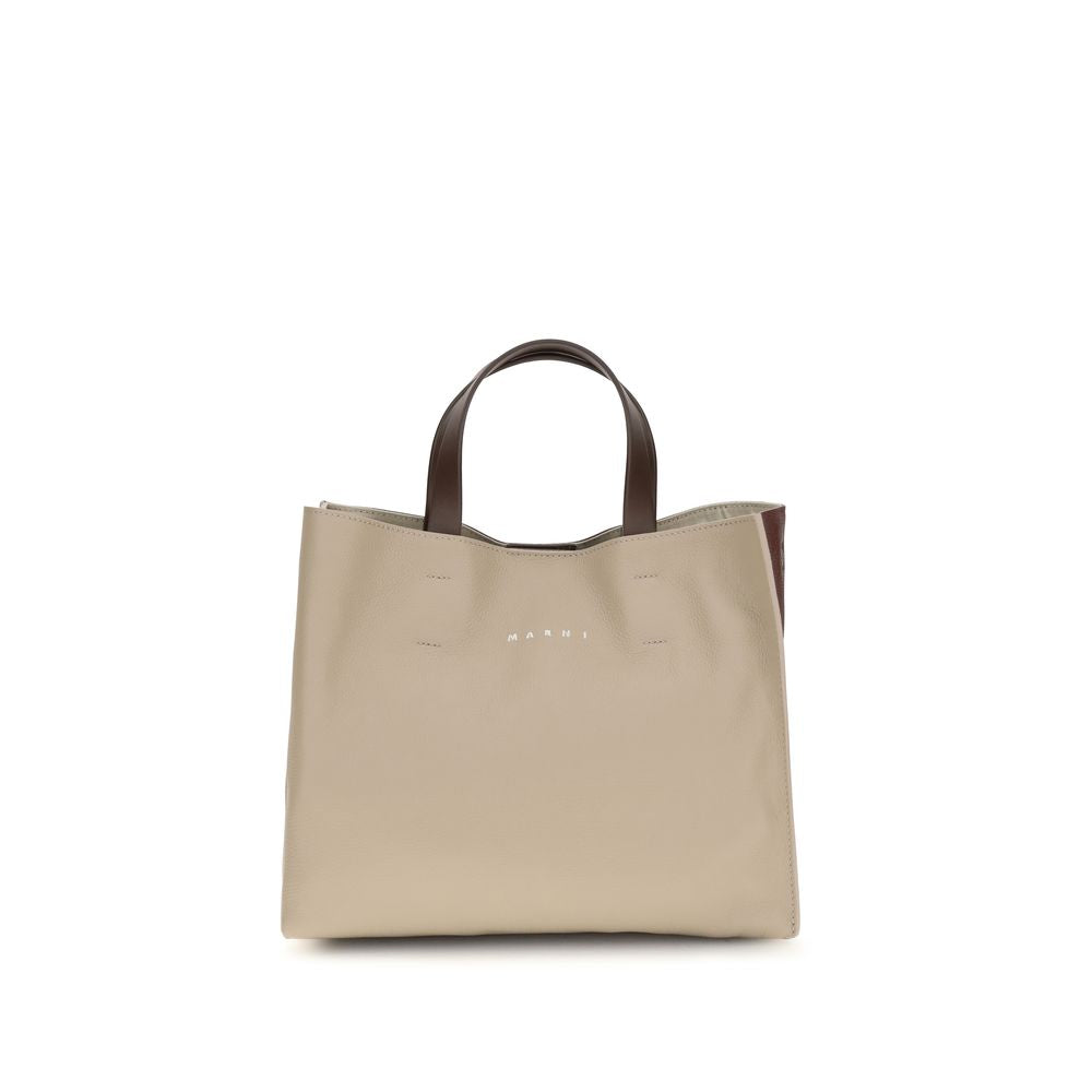 Marni Museo Soft tote bag in Moon Stone, Dark Burgundy, and Coffee calf leather with top handles and gold hardware.