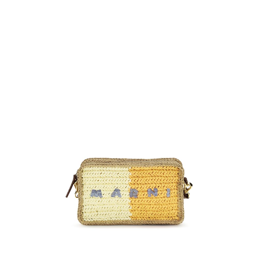 Marni Seaside Camera Bag in yellow and orange handwoven paper raffia with natural raffia logo - Available at The Exclusive Line, Singapore.