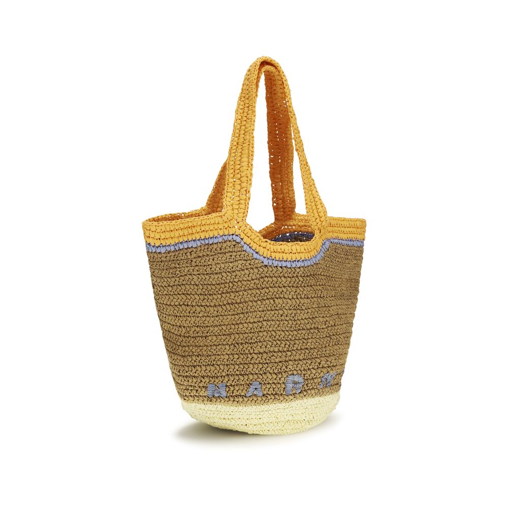 Side view of Marni Seaside Hobo Bag in orange and yellow handwoven raffia from The Exclusive Line Singapore.