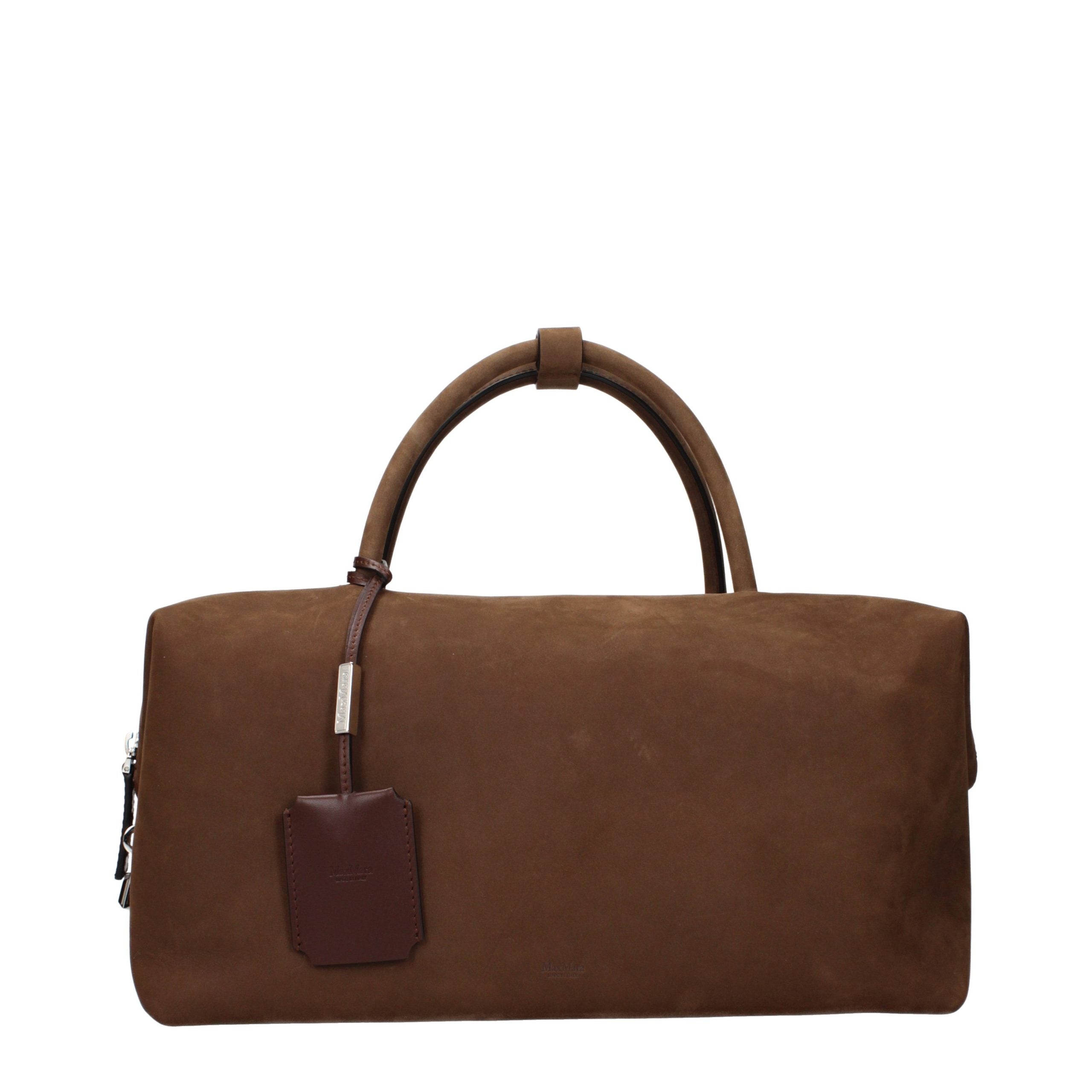 Max Mara Holdall handbag in dark brown suede with leather top handles and embossed logo detail.