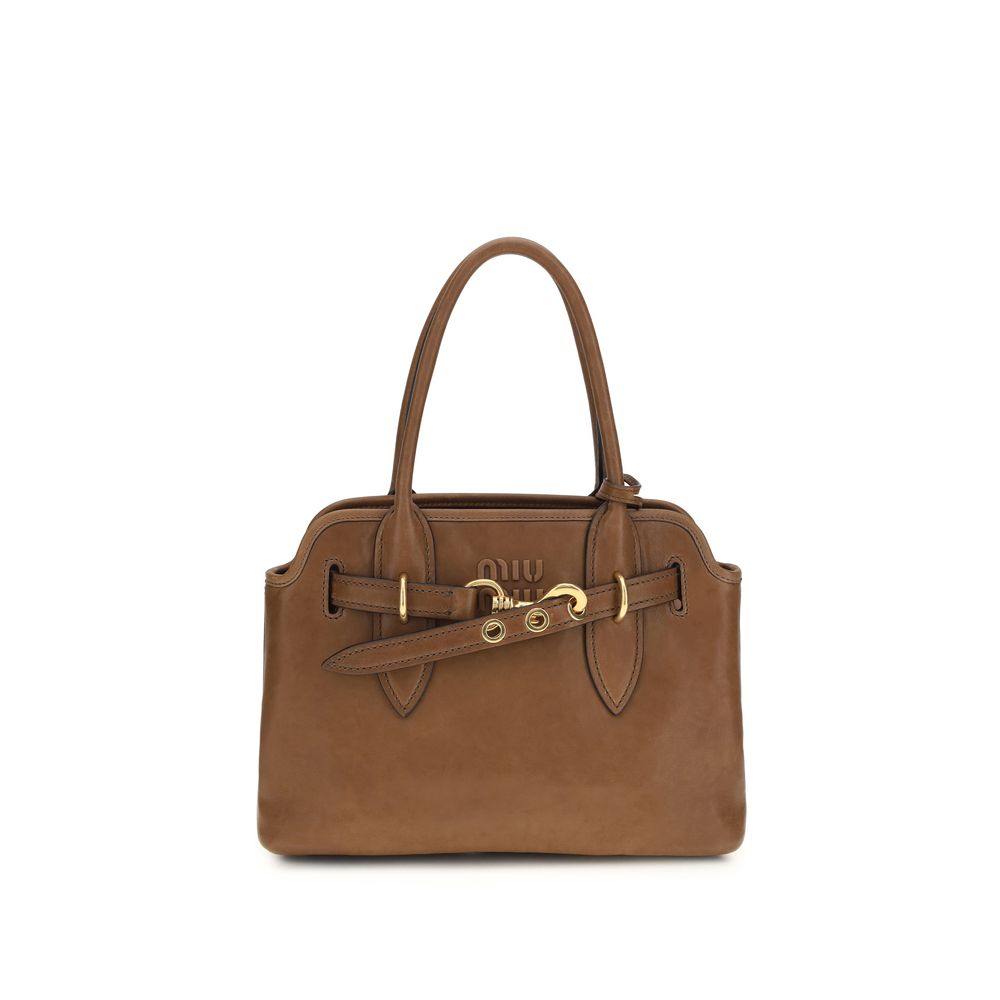 Miu Miu Aventure Nappa Leather Bag in Oak Brown with Antiqued Gold Hardware.