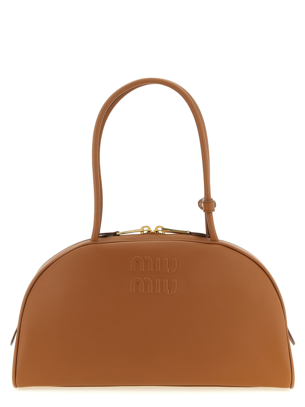 Miu Miu Beau top handle bowling bag in cognac calfskin leather with gold-tone hardware.