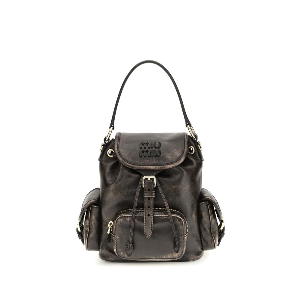 Miu Miu Medium Leather Backpack in Coffee brown with aged leather finish, exclusively at The Exclusive Line Singapore.