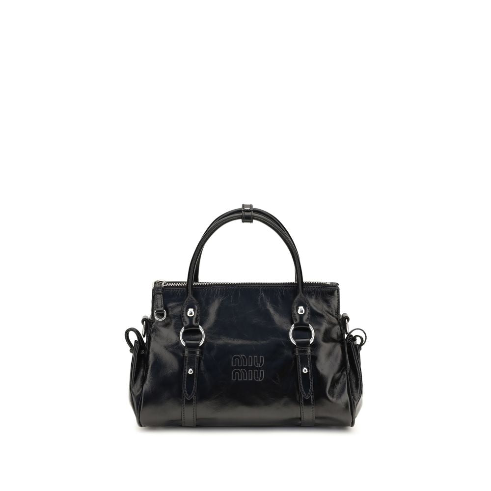 Miu Miu Glossy Leather Handbag in Black Calfskin with Relief Logo.