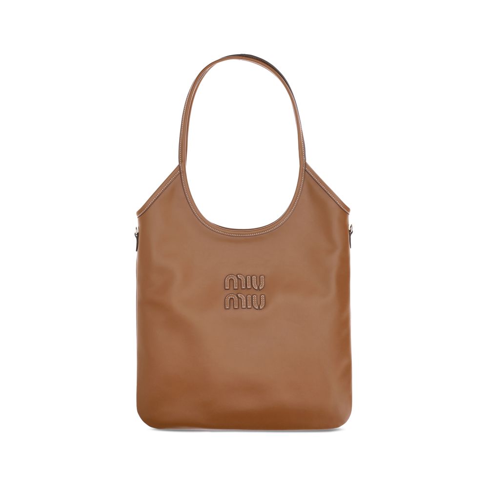 Miu Miu Ivy Leather Shoulder Bag in Cognac calfskin featuring leather lettering logo and gold-tone hardware.