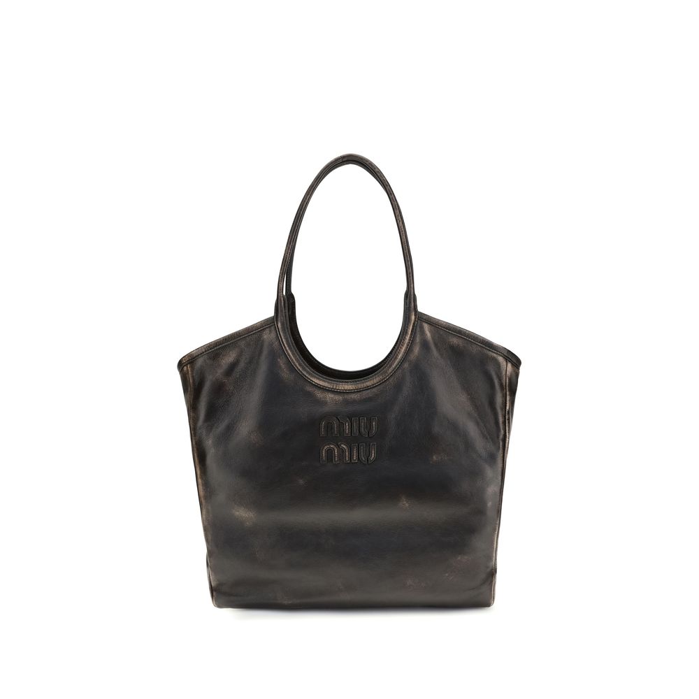 Miu Miu Ivy Leather Tote Bag in Coffee brown aged nappa leather featuring gold-tone hardware and leather lettering logo.