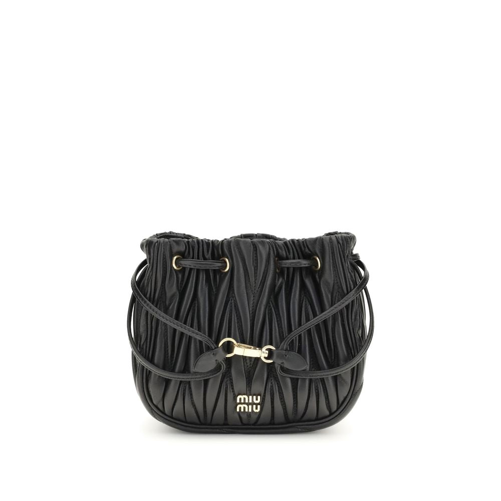 Miu Miu Marrakech Matelassé Nappa Leather Bucket Pouch in Black from The Exclusive Line Singapore.