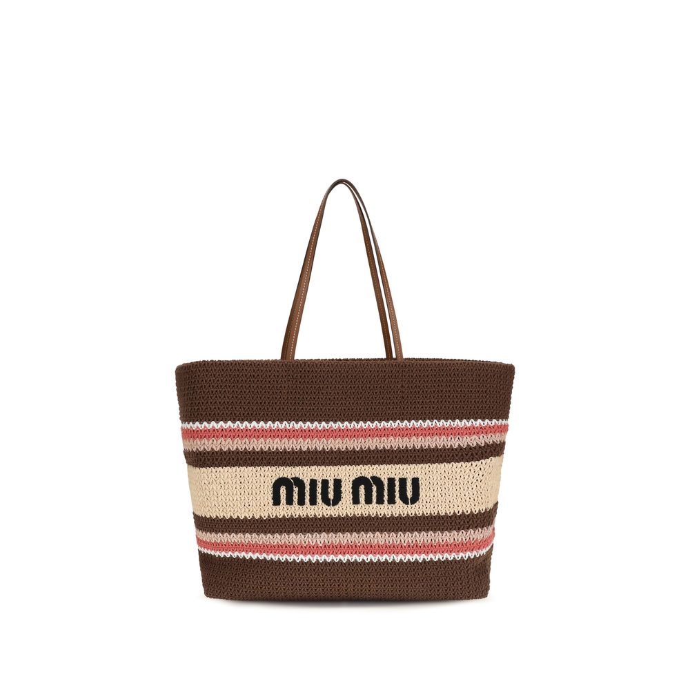 Miu Miu Raffia-Effect Striped Tote Bag in Tobacco, Strawberry, and Natural weave with leather handles and embroidered logo.