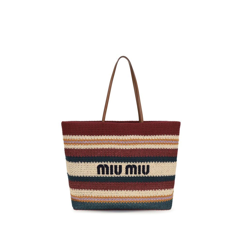 Miu Miu Raffia-effect woven tote bag in rust, green, and natural stripes with leather handles, available at The Exclusive Line Singapore.