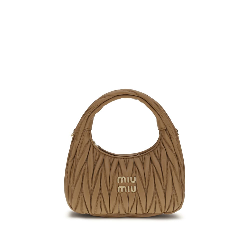 Miu Miu Wander Hobo Bag in Caramel matelassé nappa leather featuring a three-dimensional textured motif and gold metal logo.
