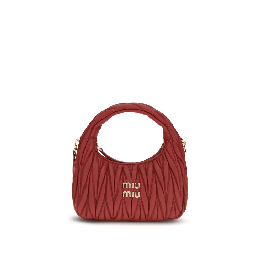 Miu Miu Wander Hobo Bag in Red matelassé nappa leather featuring a three-dimensional textured motif and gold metal logo.