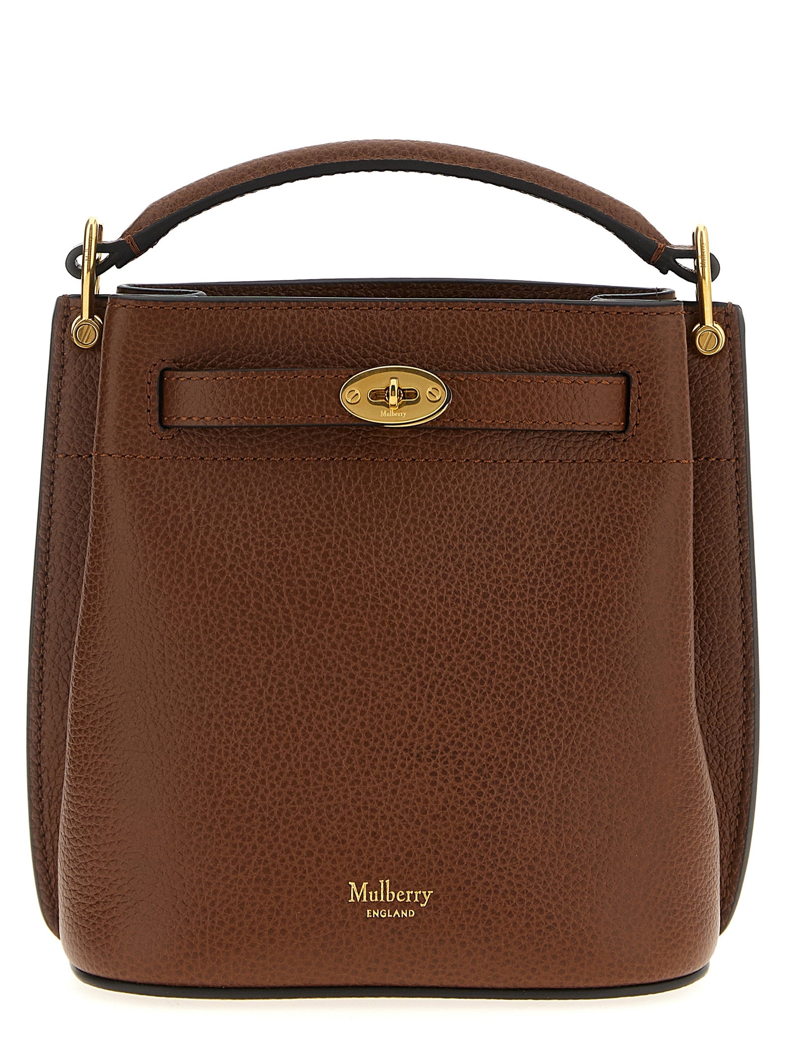 Mulberry Islington Mini Bucket Bag in Oak Two-Tone Classic Grain leather featuring signature gold-tone Postman's Lock.