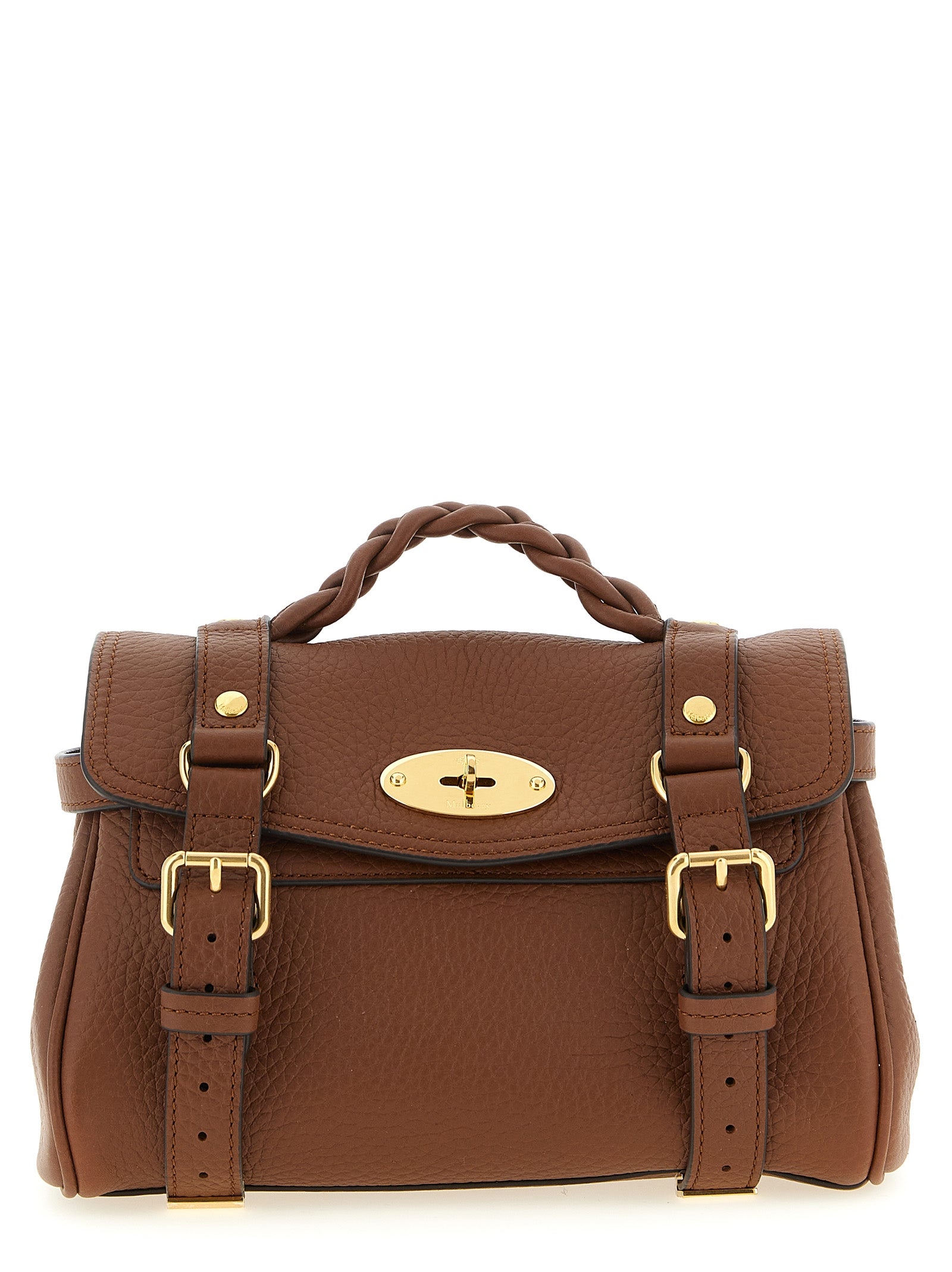 Mulberry Mini Alexa handbag in Bright Oak heavy grain leather featuring a braided top handle, brass Postman’s Lock, and satchel straps from The Exclusive Line Singapore.