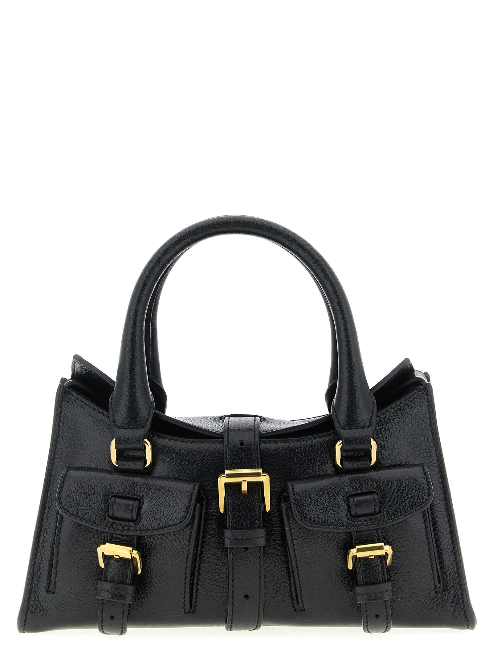 Mulberry Mini Roxanne bag in Black high shine leather featuring brass hardware, dual front buckled pockets, and top handles from The Exclusive Line Singapore.