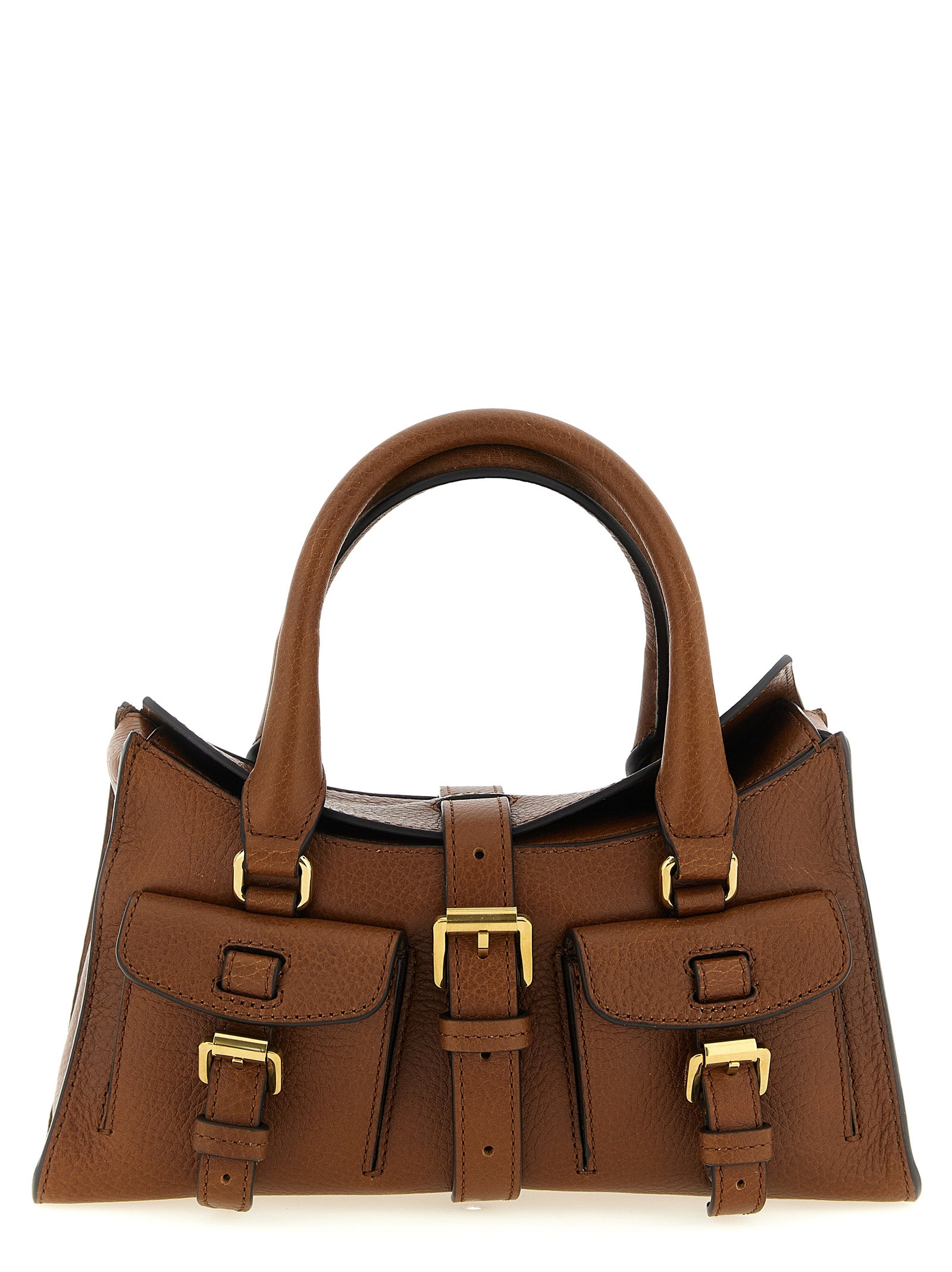 Mulberry Mini Roxanne bag in Oak Natural Vegetable Tanned leather featuring brass buckles, two front pockets, and top handles on display for The Exclusive Line Singapore.
