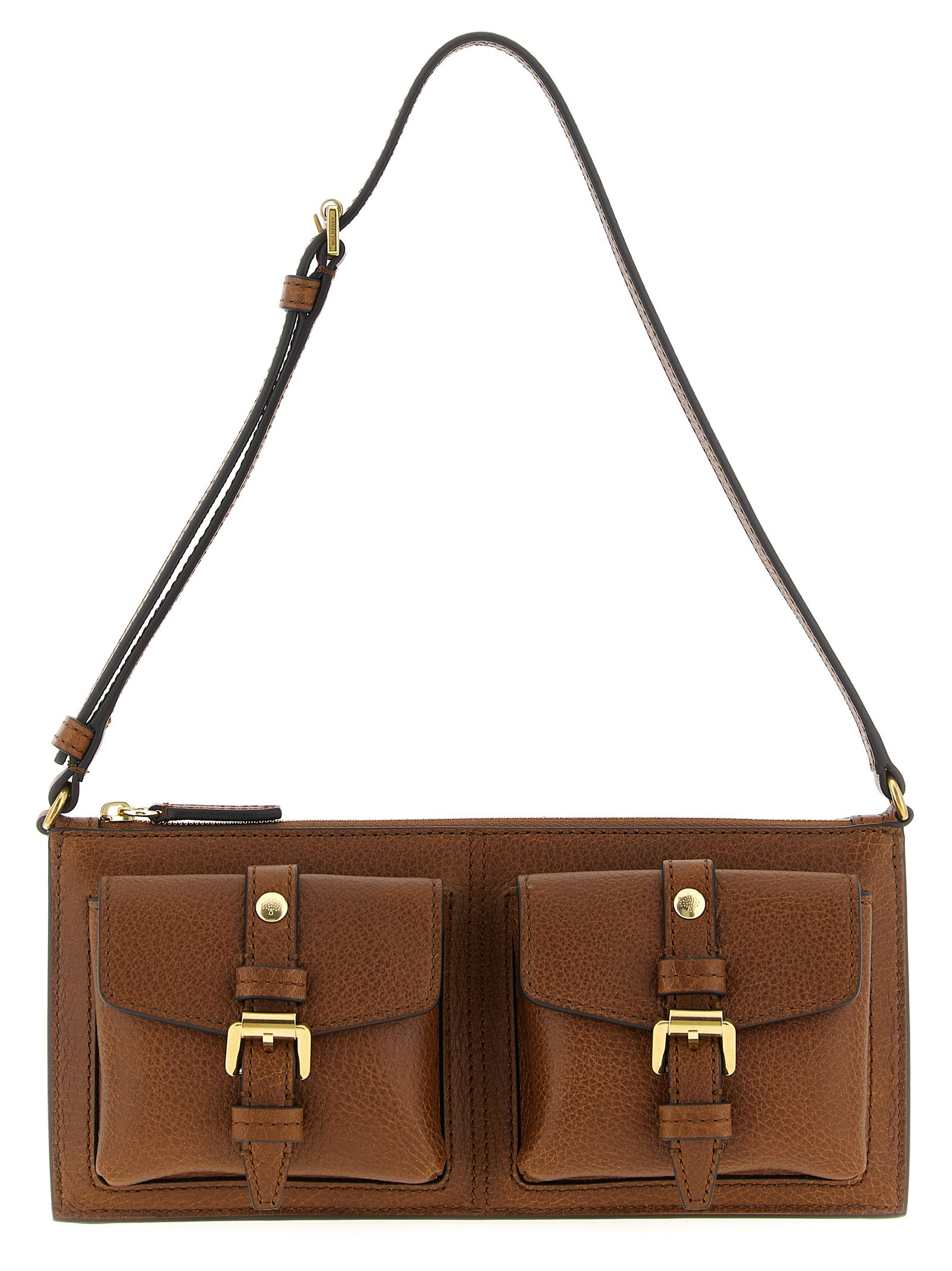 Mulberry Mini Roxanne Shoulder Bag in Oak hammered leather featuring brass buckles, signature tree rivets, and an adjustable shoulder strap from The Exclusive Line Singapore.