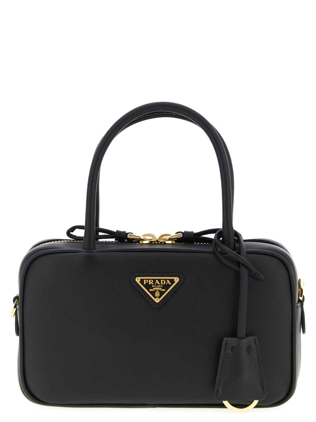 Prada Bauletto Small Handbag in Black calfskin leather with padlock detail and dual rolled handles.
