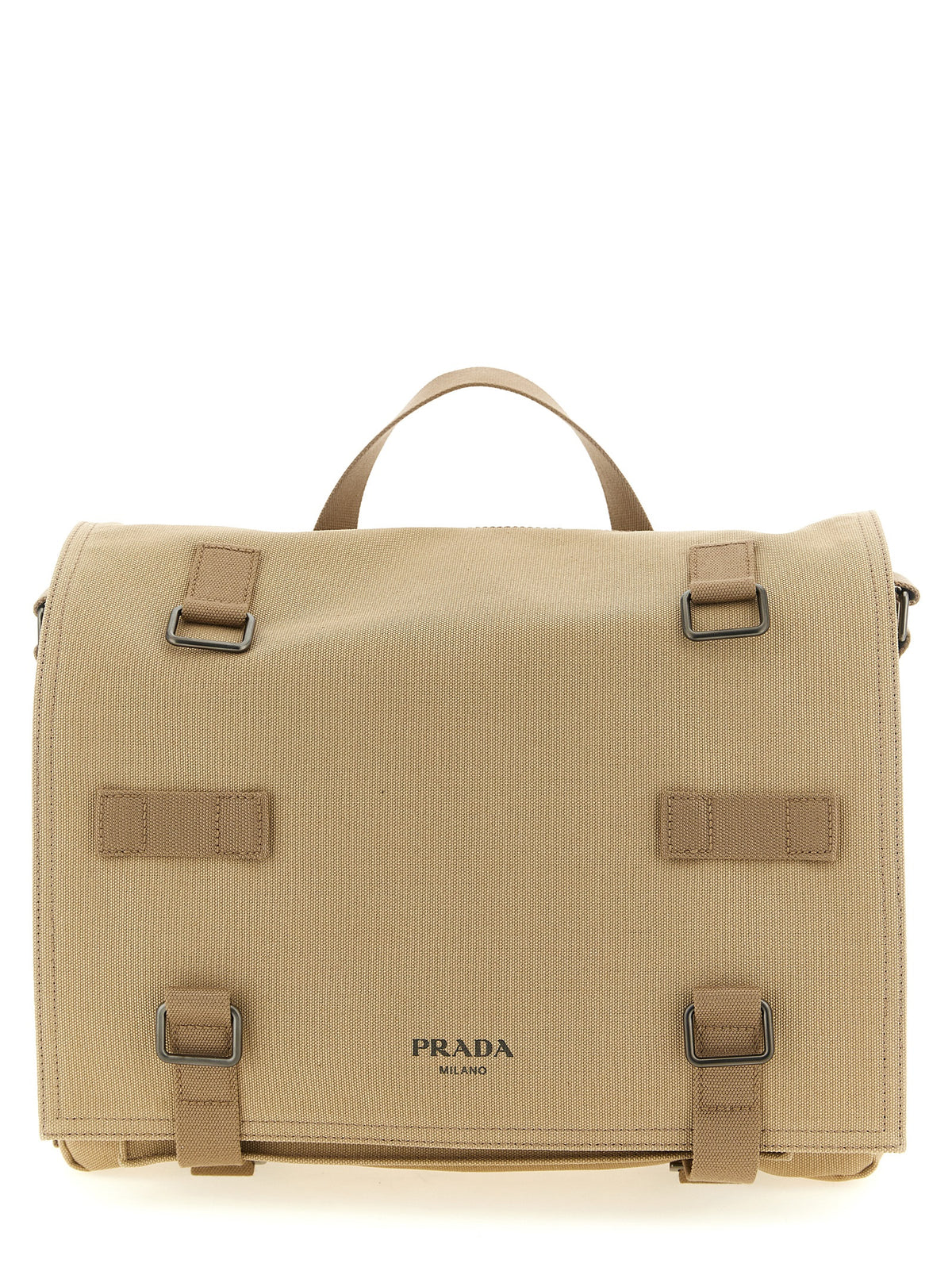Prada Canvas Shoulder Bag in Desert Beige featuring printed front lettering and triangle logo.