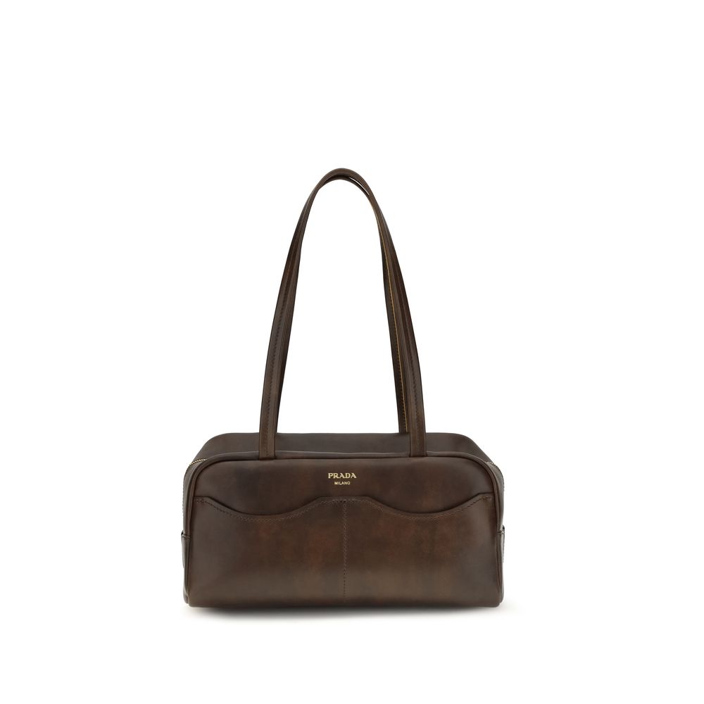 Prada Carry Large bag in cocoa brown antiqued leather with long shoulder handles and embossed Prada lettering logo on the front.
