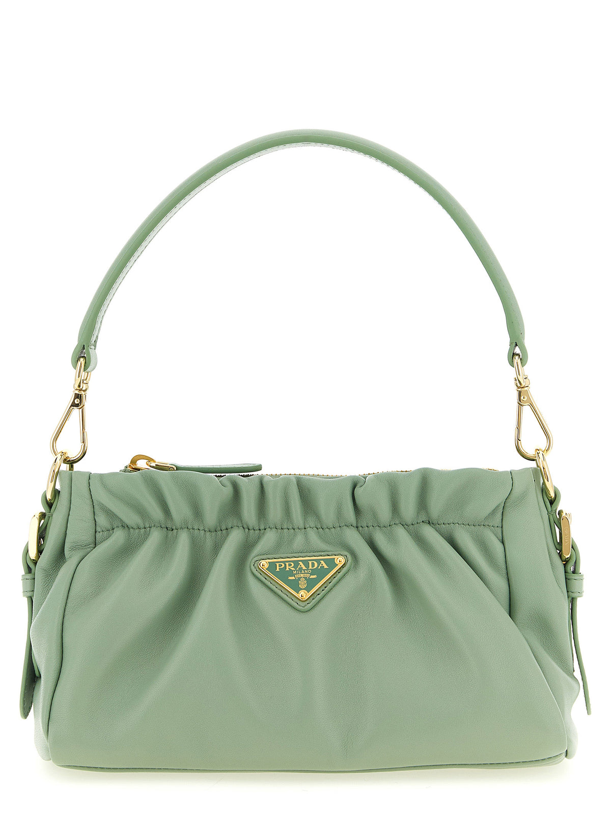 Prada Curled Leather Shoulder Bag in Mint Green nappa lambskin with front triangle logo.