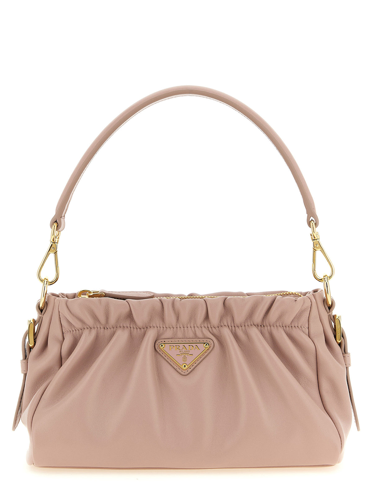 Prada Curled Leather Shoulder Bag in Pink nappa lambskin with front triangle logo.