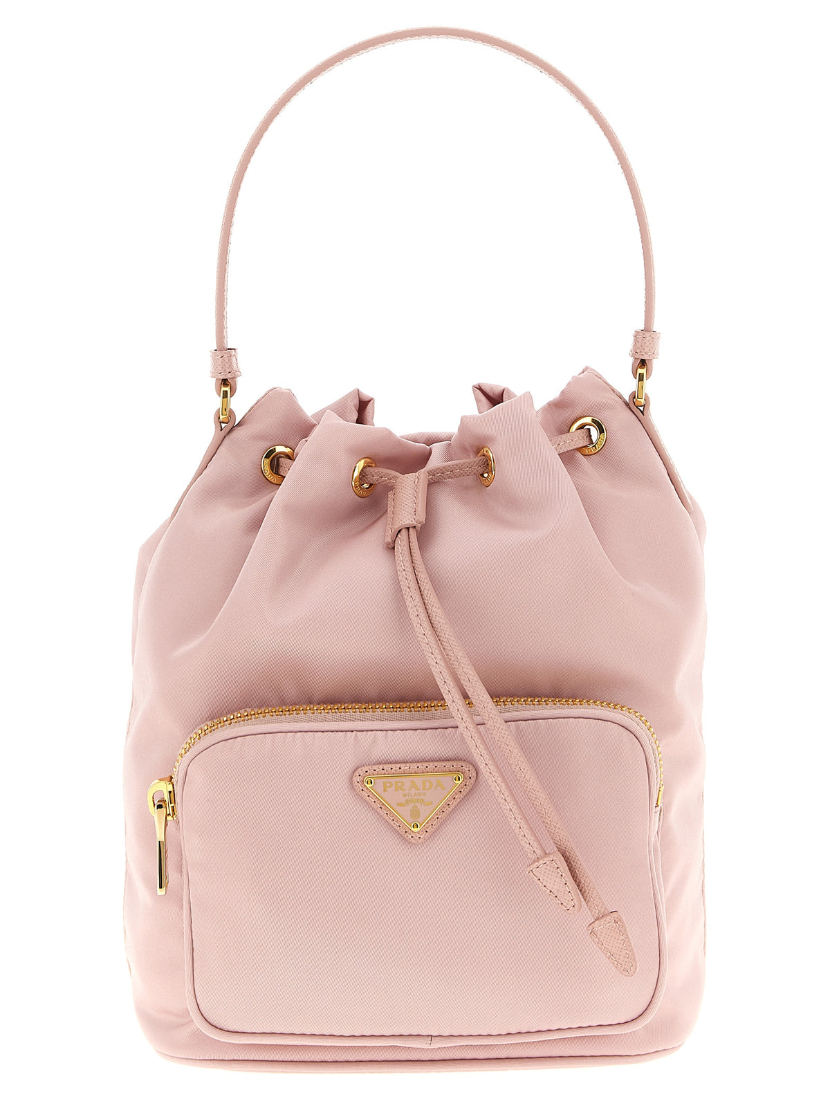 Prada Duet Re-Nylon Bucket Bag in Peach with front zip pocket and triangle logo.