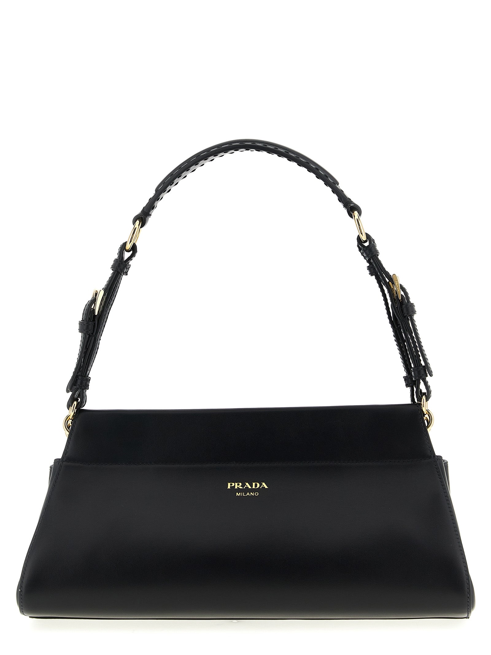 Prada Enchaîné Medium Leather Bag in Black calfskin featuring embossed logo and fixed handle.