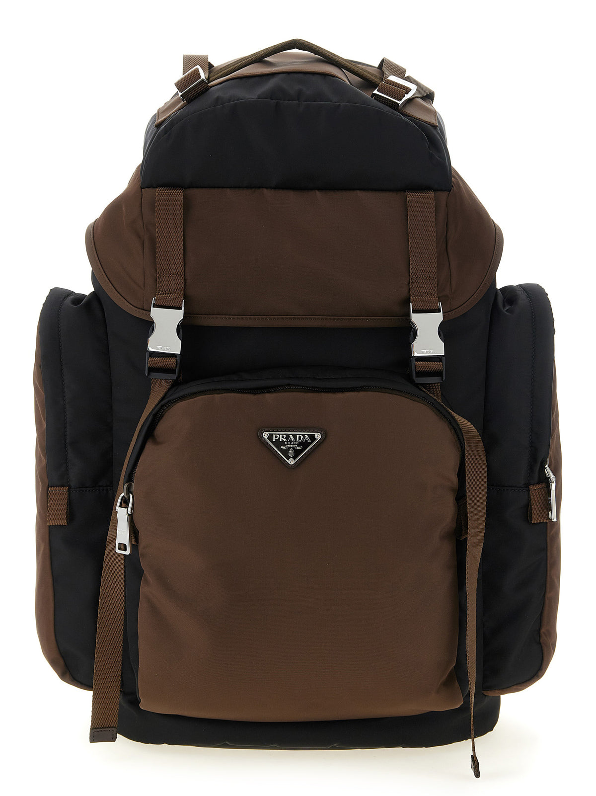 Prada Re-Nylon trekking backpack in black and burnt orange featuring enameled triangle logo, four exterior zip pockets, and buckle flap closure.