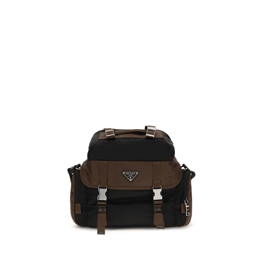Prada Re-Nylon and leather multi-pocket shoulder bag in black with enameled triangle logo and adjustable strap.