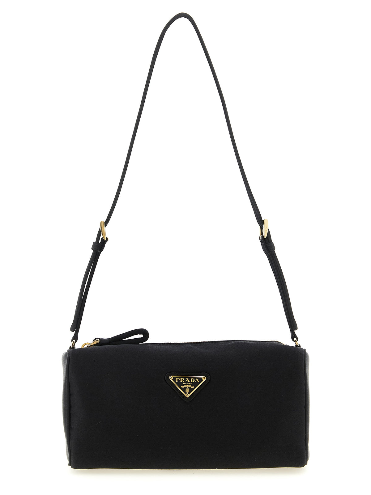 Prada Satin Mini Shoulder Bag in Black silk viscose with enameled metal triangle logo.