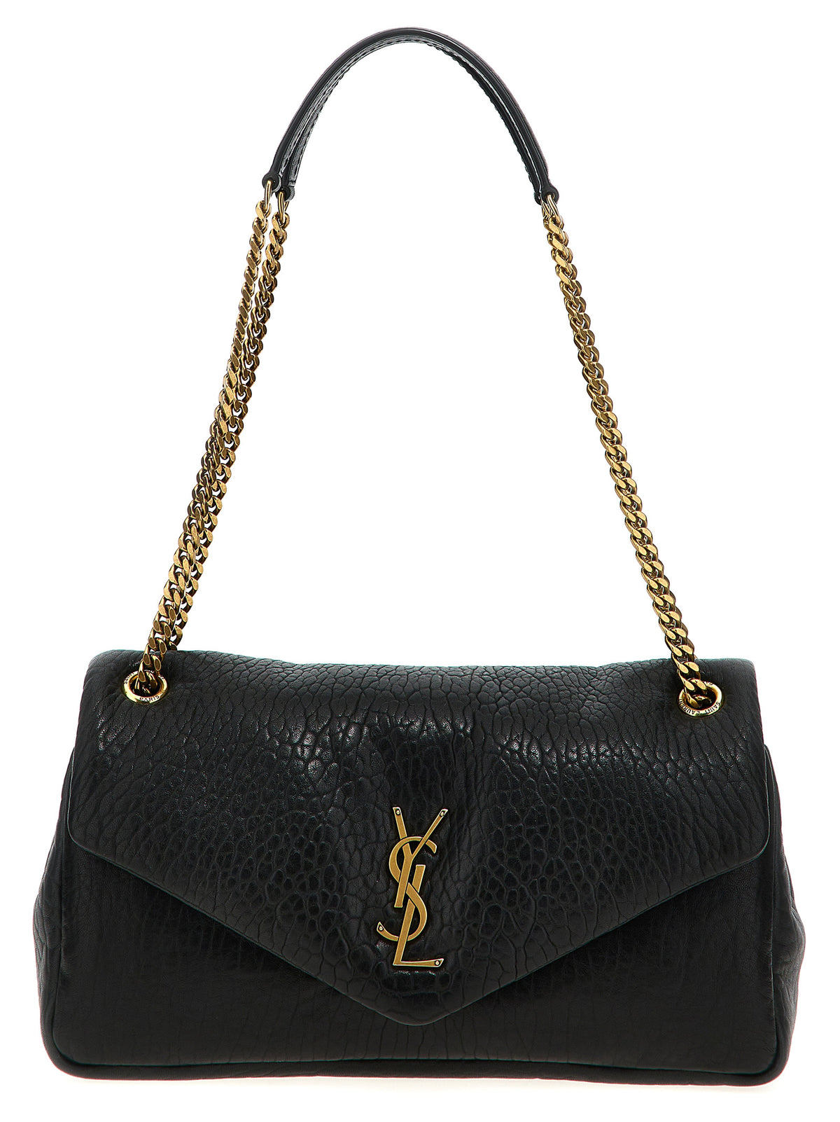Saint Laurent Calypso Medium envelope shoulder bag in black grained lambskin leather featuring a puffy pillowed texture and bronze monogram from The Exclusive Line Singapore.