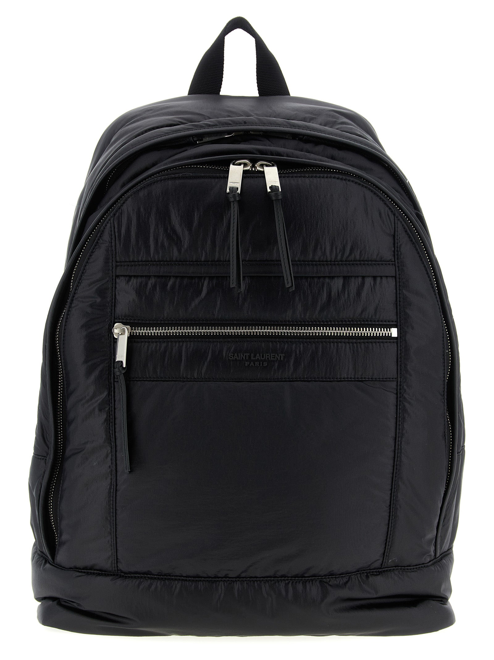 Saint Laurent City Backpack in sleek black nylon canvas with silver hardware and embossed logo front pocket from The Exclusive Line Singapore.