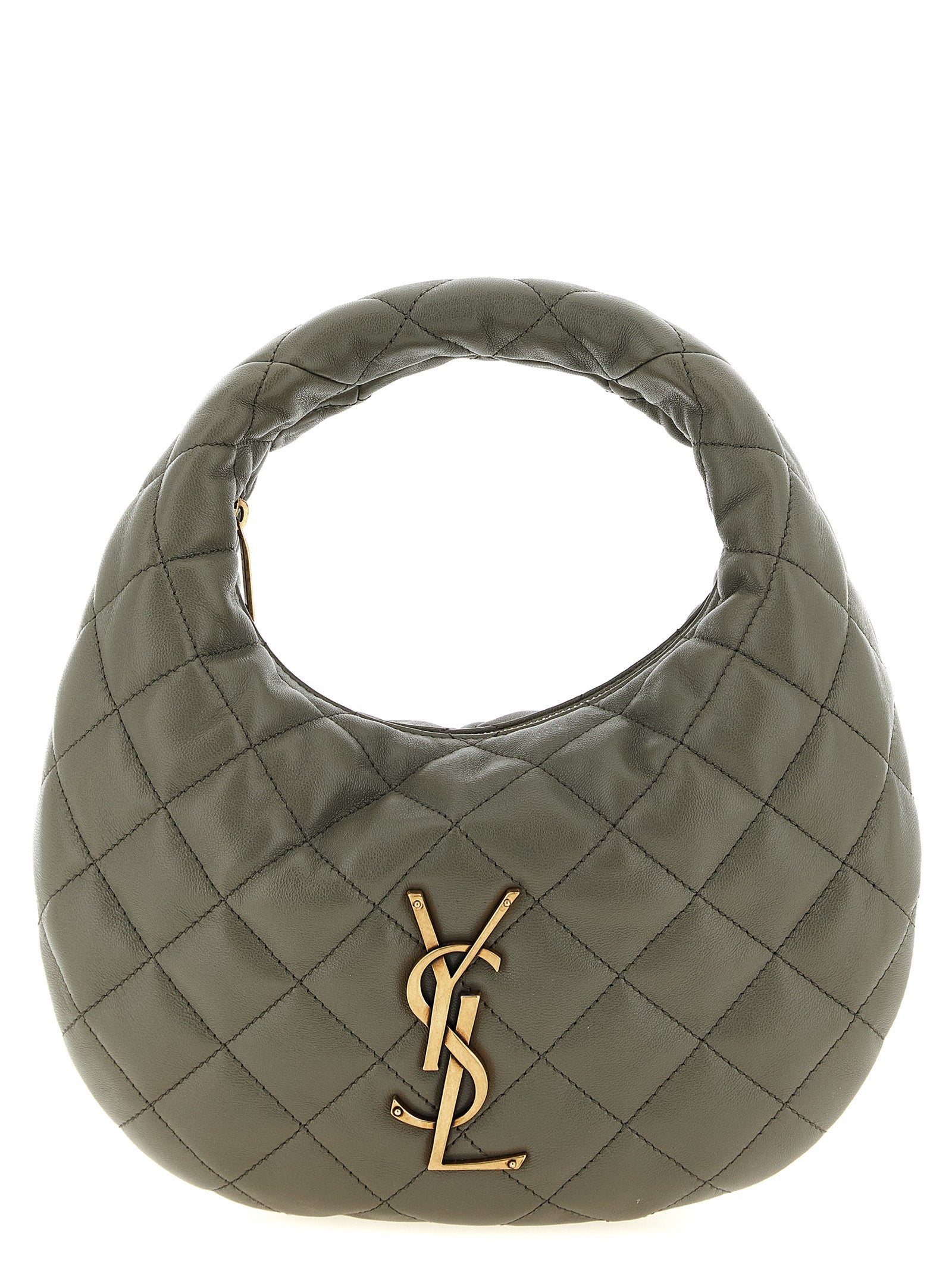Saint Laurent Icarino mini top handle bag in strong moss deep green diamond-quilted nappa lambskin leather featuring a bronze CASSANDRE logo monogram from The Exclusive Line Singapore.