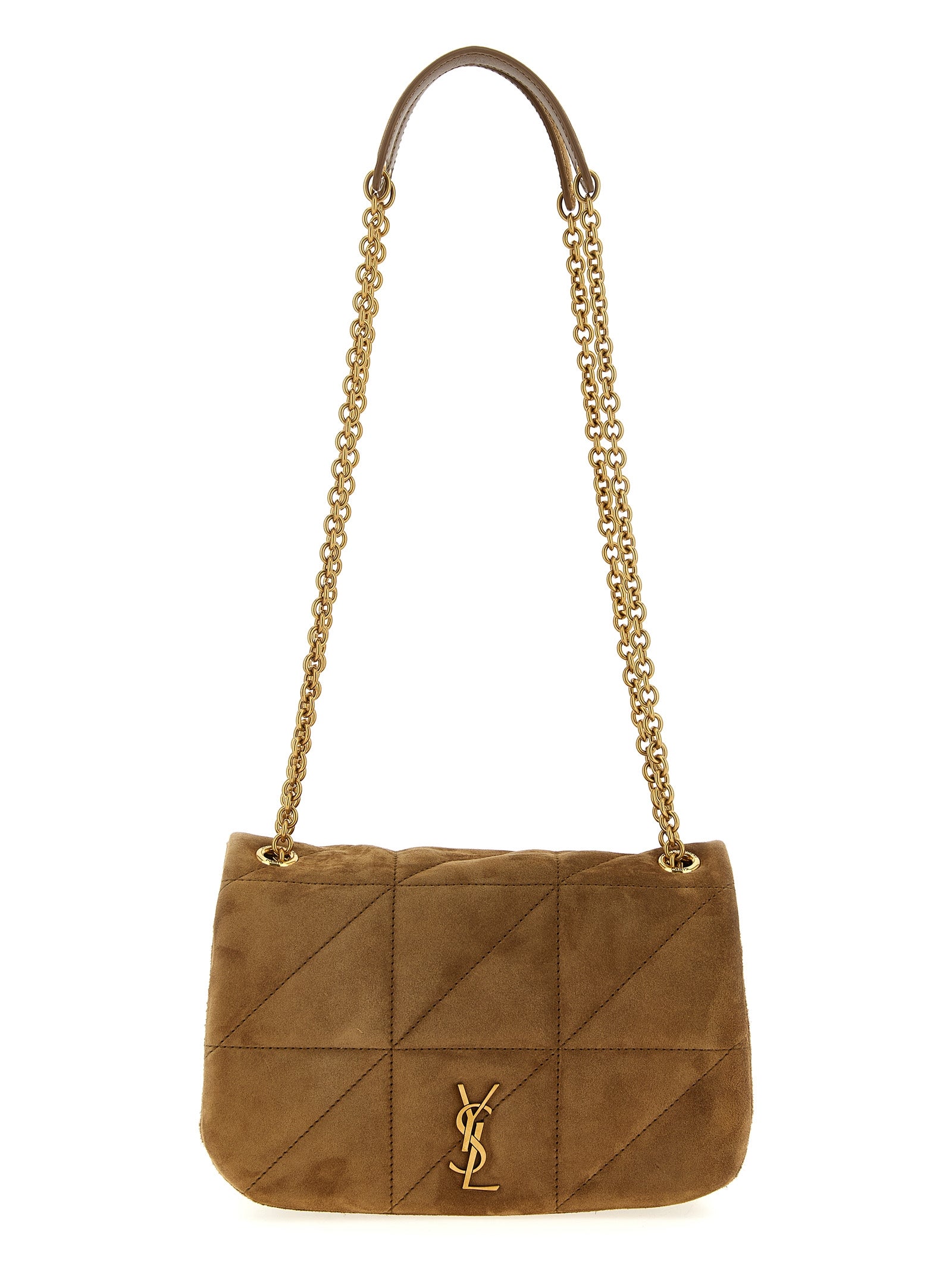 Saint Laurent Jamie 4.3 Mini shoulder bag in brown calfskin suede featuring signature Carré Rive Gauche quilting and an antique-gold Cassandre logo from The Exclusive Line Singapore.