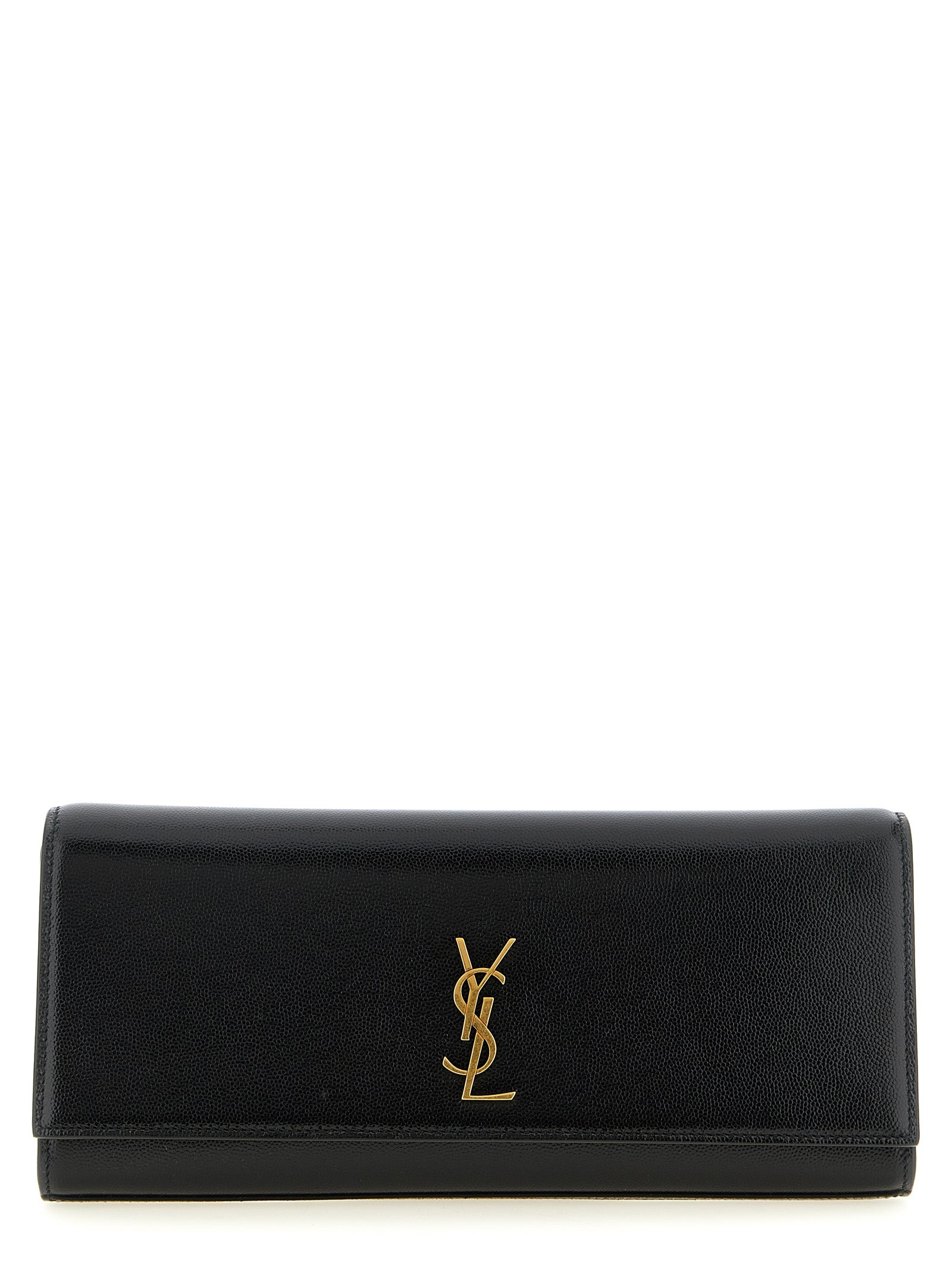 Saint Laurent Kate evening clutch bag in black textured Grain de Poudre leather featuring a bronze CASSANDRE logo and a removable chain strap from The Exclusive Line Singapore.