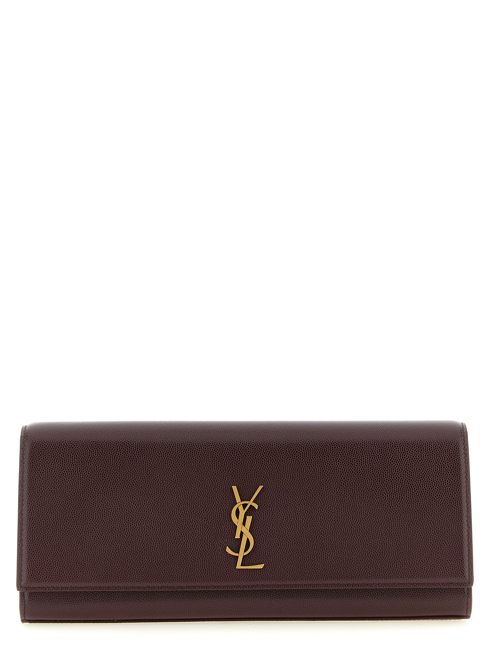 Saint Laurent Kate Clutch bag in deep rouge cabernet grain de poudre leather featuring an antiqued bronze CASSANDRE logo and a detachable chain strap from The Exclusive Line Singapore.