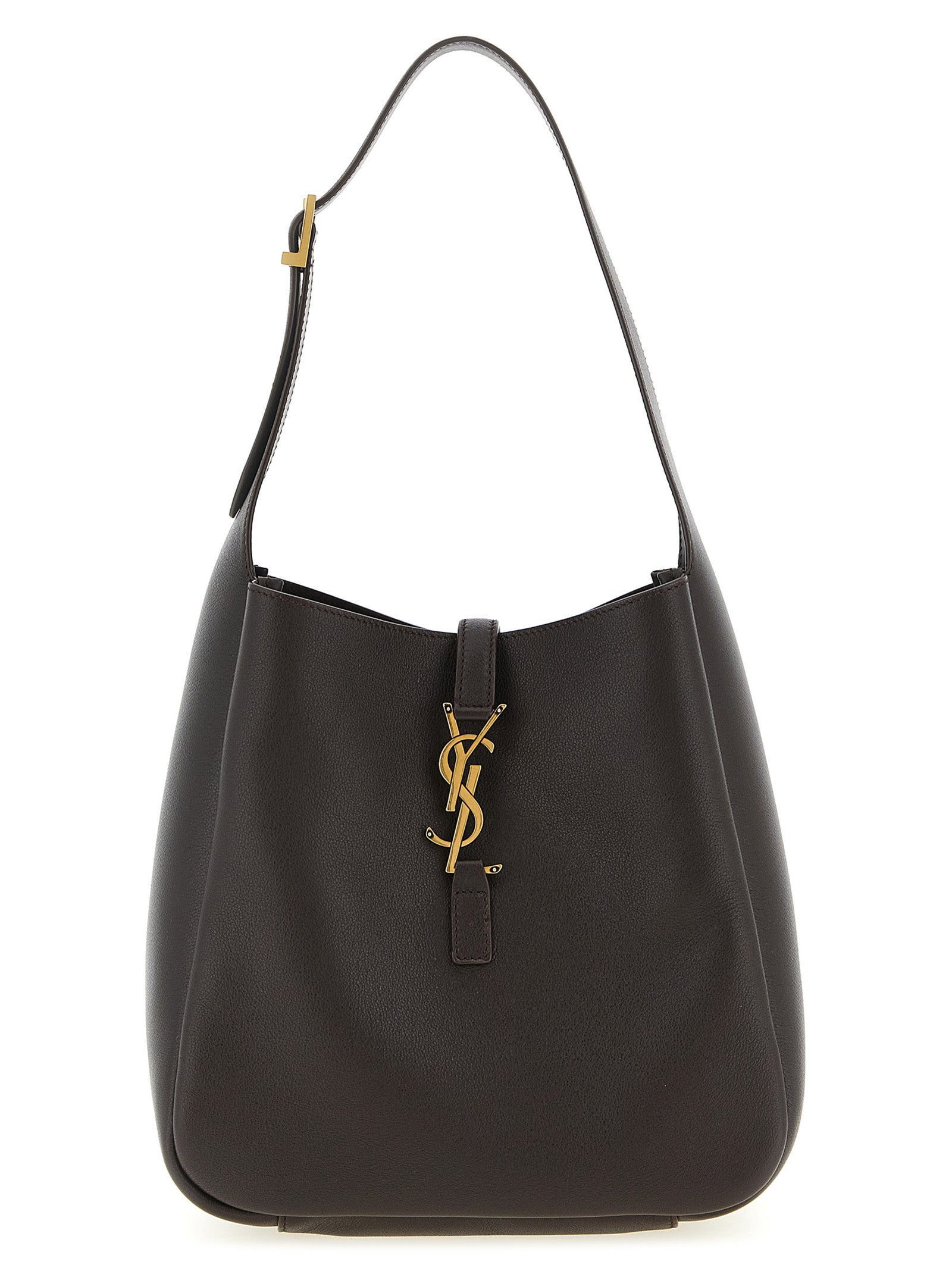 Saint Laurent LE 5 À 7 Supple Small hobo shoulder bag in rich Arabica dark brown grained leather featuring a bronze CASSANDRE logo hook closure from The Exclusive Line Singapore.