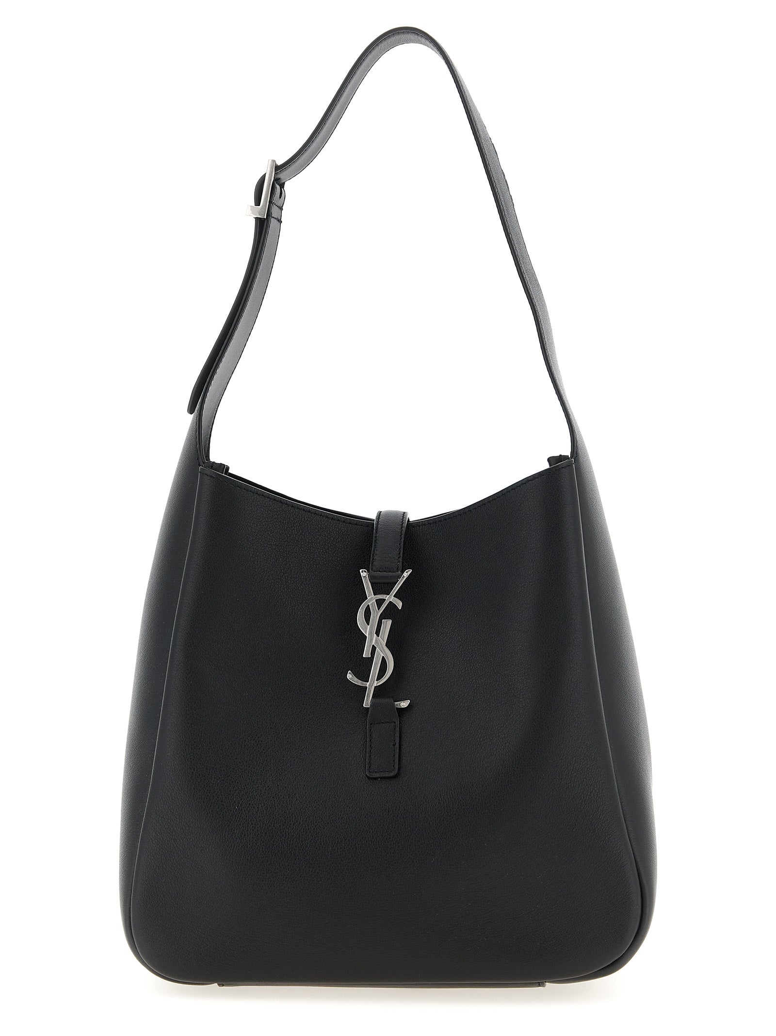 Saint Laurent LE 5 À 7 Supple Small hobo shoulder bag in soft black grained calfskin leather featuring a silver CASSANDRE logo hook closure from The Exclusive Line Singapore.