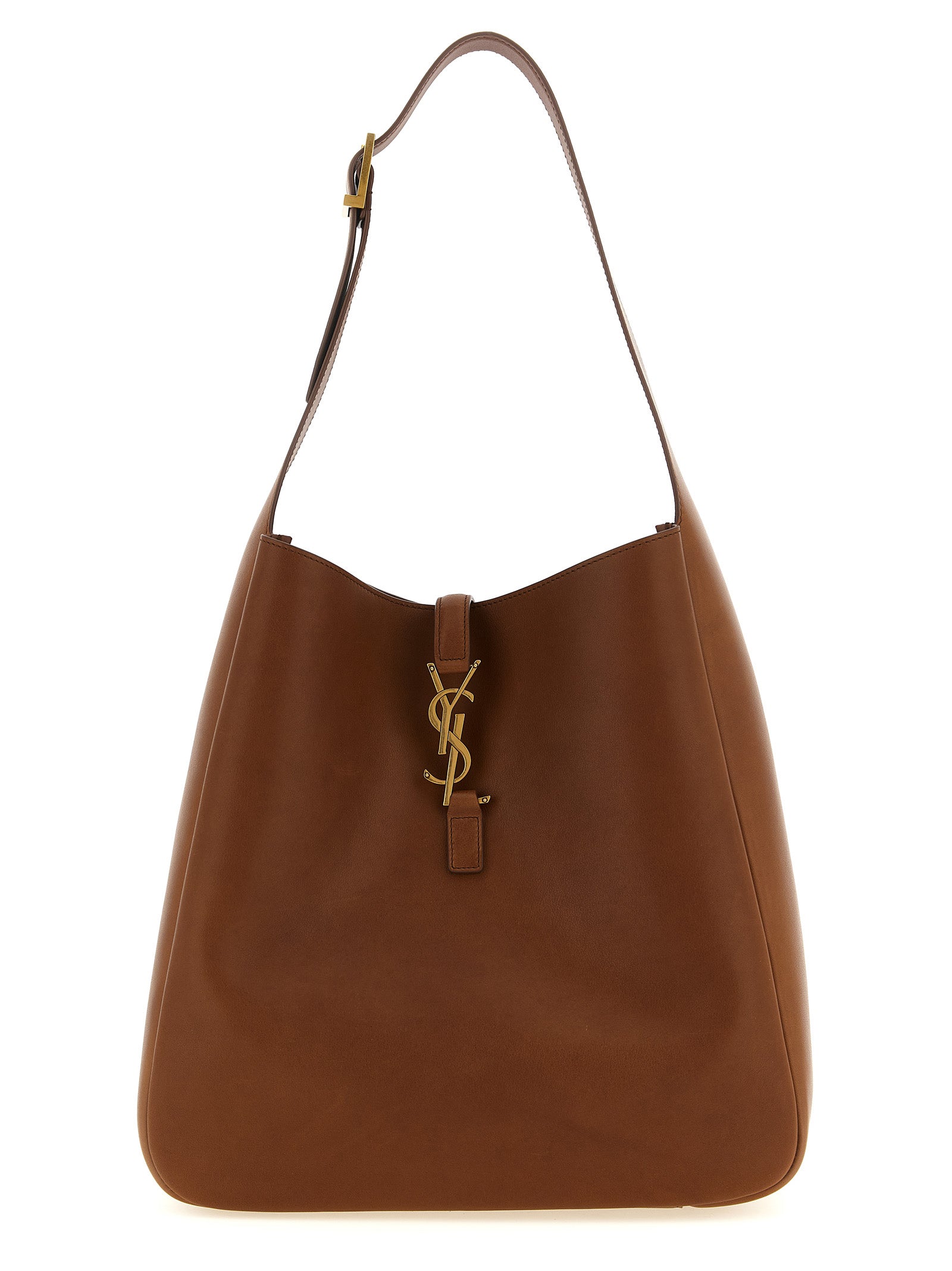 Saint Laurent LE 5 À 7 Large hobo shoulder bag in supple toasted brown calfskin leather featuring a slouchy silhouette and a bronze CASSANDRE logo hook closure from The Exclusive Line Singapore.