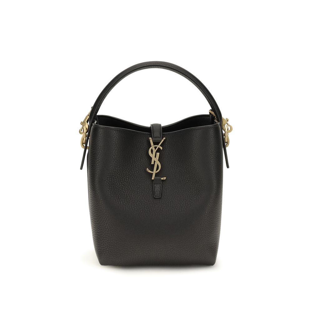 Saint Laurent Le 37 Bucket Bag in black grained calfskin leather featuring bronze YSL hook closure and top handle.