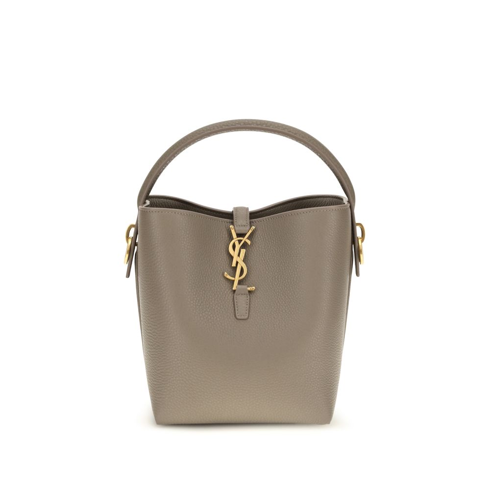 Saint Laurent Le 37 Bucket Bag in taupe grey grained calfskin leather with bronze Cassandre hook closure.